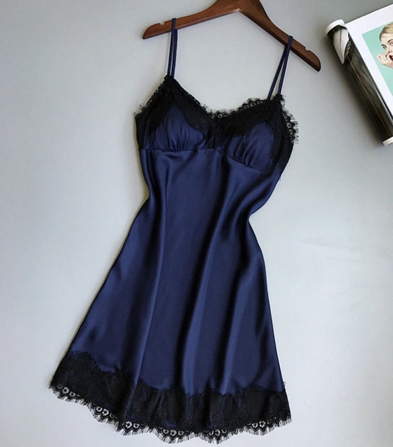 (Blue) Sexy Lace Trim Satin Nighty