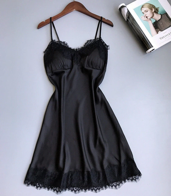 (Black) Sexy Lace Trim Satin Nighty