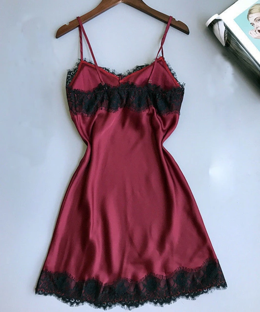 (Red) Sexy Lace Trim Satin Nighty